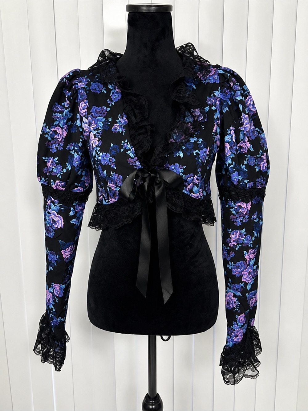 WIDOW Frozen Over Floral Print Brocade Cropped Jacket Lace Trim Puff Sleeves S